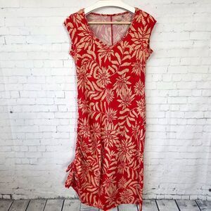 Toad & Co Muse Dress Size XS Red Ruched Side Tie Midi Stretch V-Neck Leaf Print